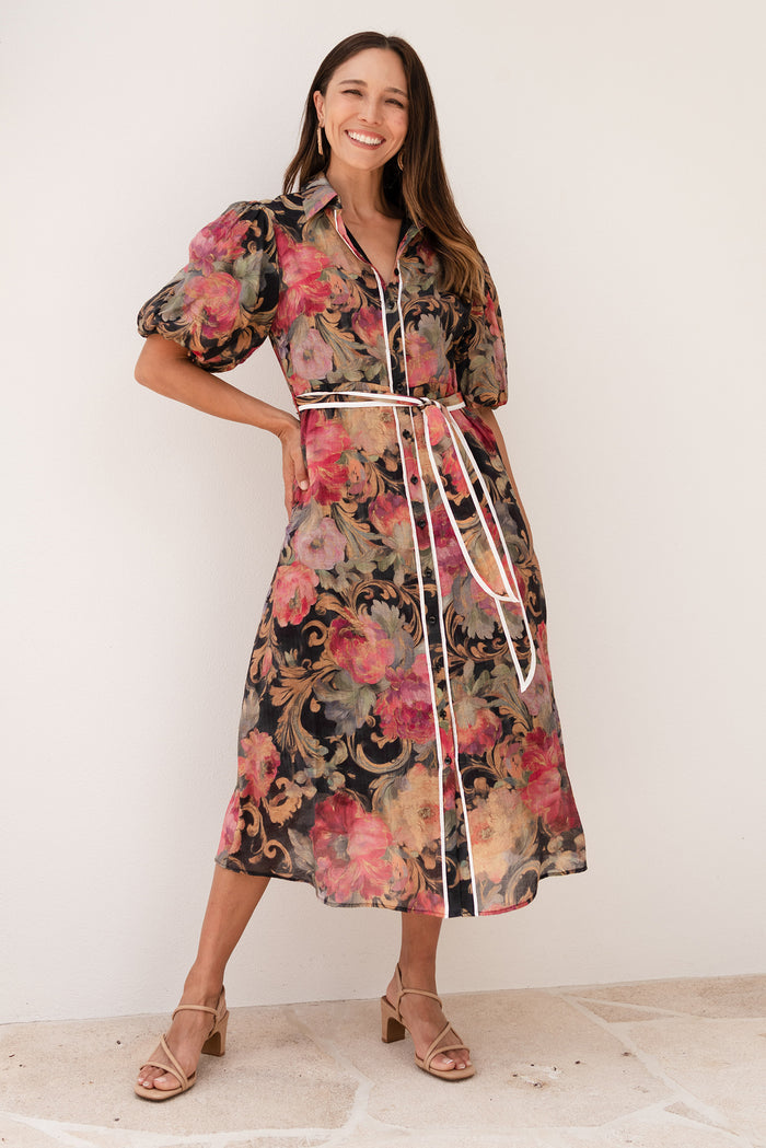 Hilma Black Floral Cotton Blend Tie Dress