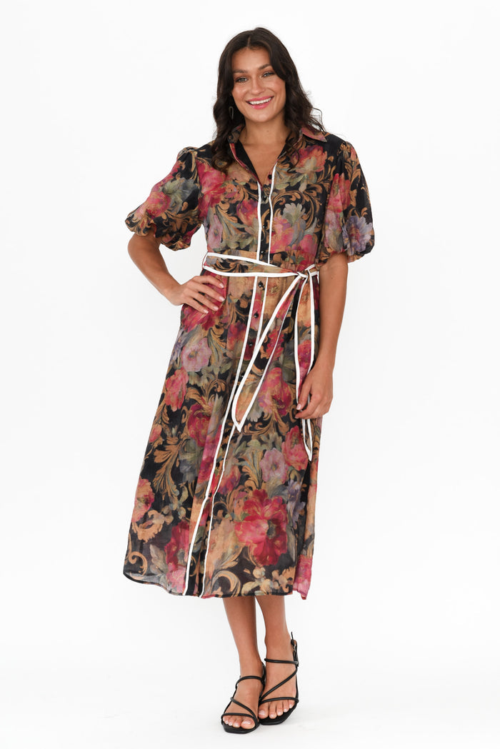 Hilma Black Floral Cotton Blend Tie Dress,Brunette model,alt text|model:Brontie