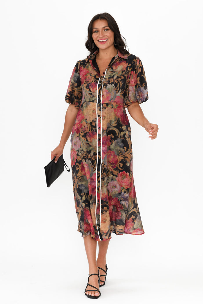 Hilma Black Floral Cotton Blend Tie Dress,Brunette model,alt text|model:Brontie