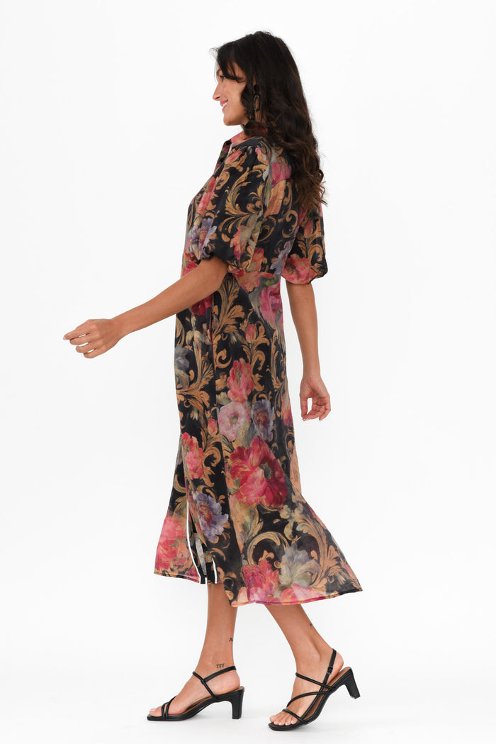 Hilma Black Floral Cotton Blend Tie Dress,Brunette model,alt text|model:Brontie