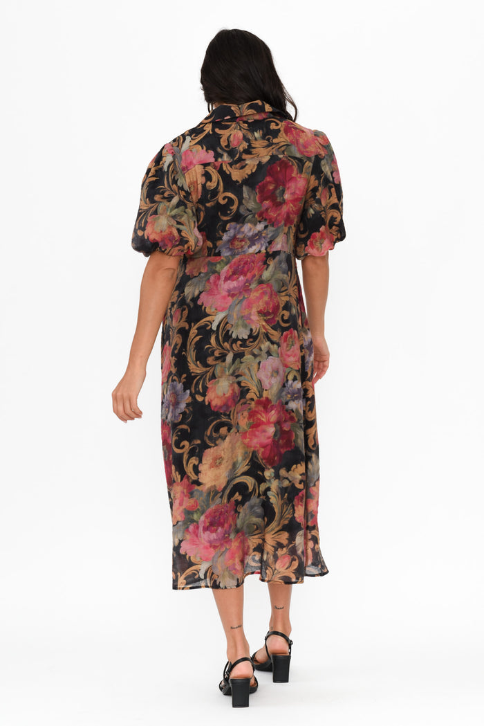 Hilma Black Floral Cotton Blend Tie Dress,Brunette model,alt text|model:Brontie