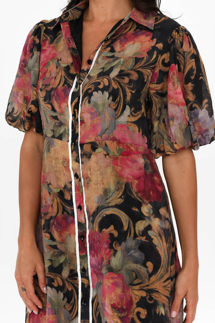 Hilma Black Floral Cotton Blend Tie Dress,Brunette model,alt text|model:Brontie