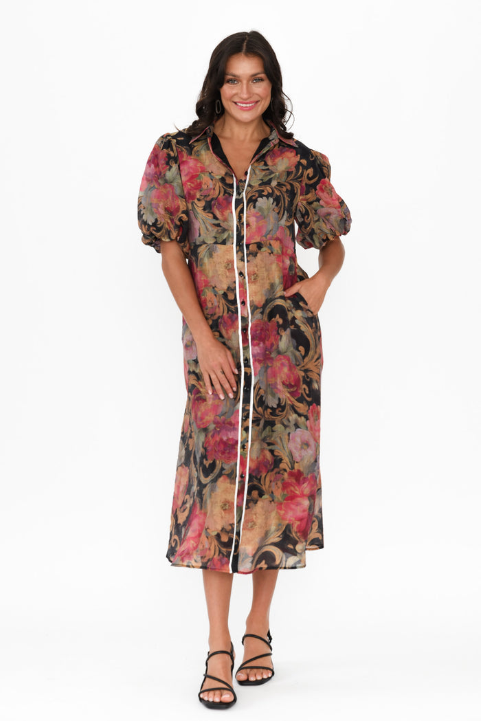 Hilma Black Floral Cotton Blend Tie Dress,Brunette model,alt text|model:Brontie