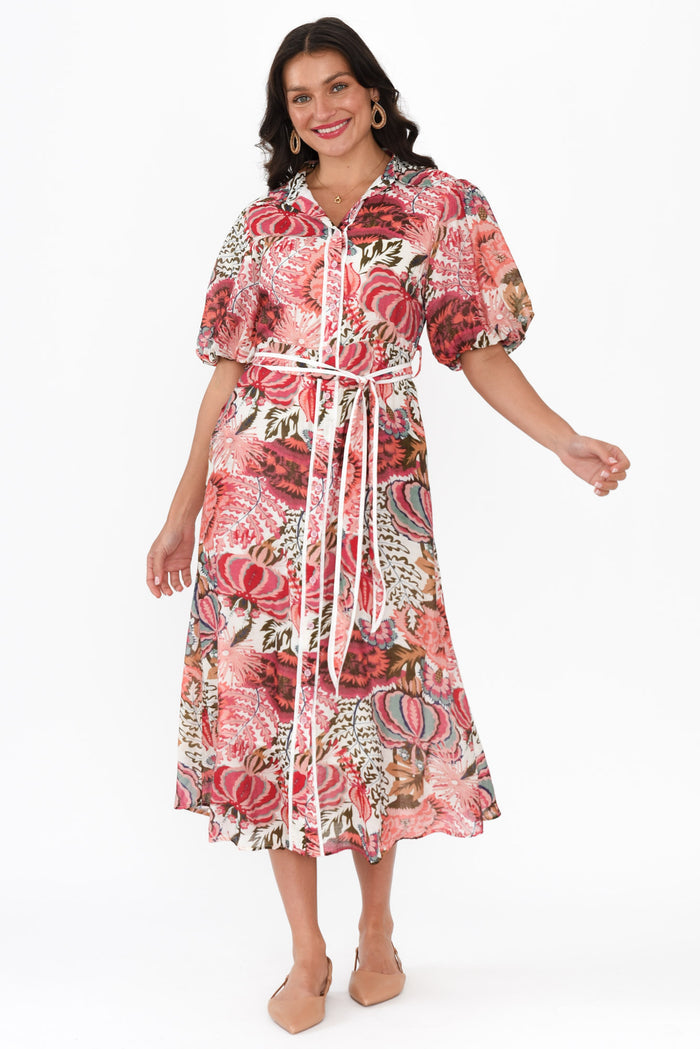 Hilma Pink Floral Cotton Blend Tie Dress,Brunette model,alt text|model:Brontie