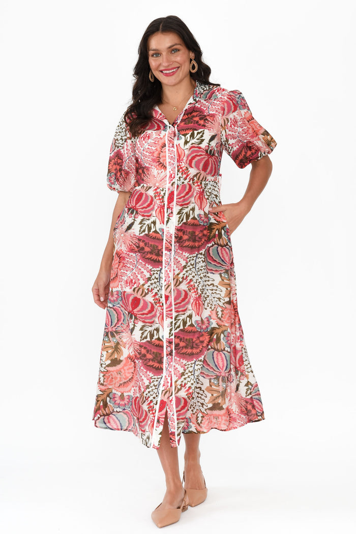 Hilma Pink Floral Cotton Blend Tie Dress,Brunette model,alt text|model:Brontie