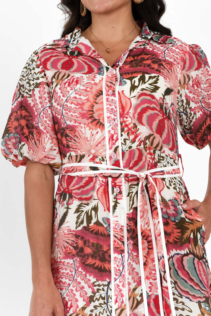 Hilma Pink Floral Cotton Blend Tie Dress,Brunette model,alt text|model:Brontie