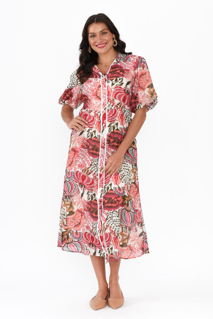 Hilma Pink Floral Cotton Blend Tie Dress,Brunette model,alt text|model:Brontie