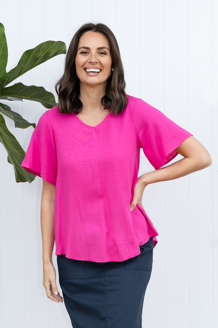 Hina Hot Pink Frill Collar Top,brunette model,Lifestyle