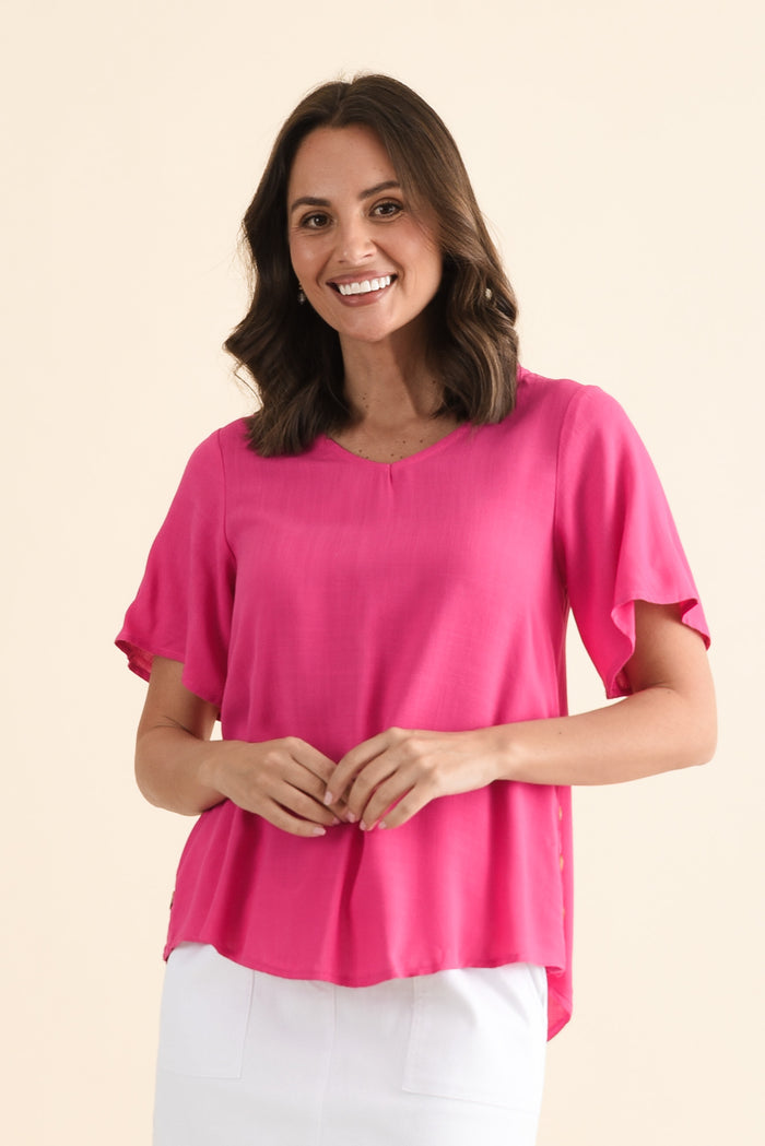 Hina Hot Pink Frill Collar Top,brunette model,Front of Outfit,alt text|model:MJ