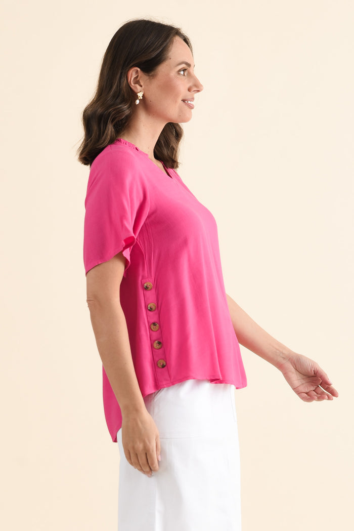 Hina Hot Pink Frill Collar Top,brunette model,Side of Outfit,alt text|model:MJ