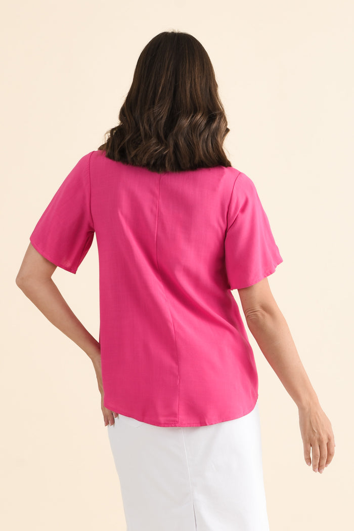 Hina Hot Pink Frill Collar Top,brunette model,Back of Outfit,alt text|model:MJ