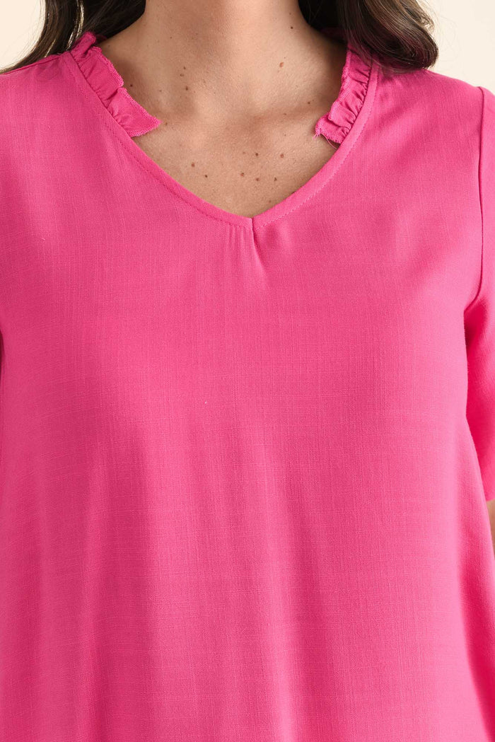Hina Hot Pink Frill Collar Top,brunette model,Close up of outfit,alt text|model:MJ