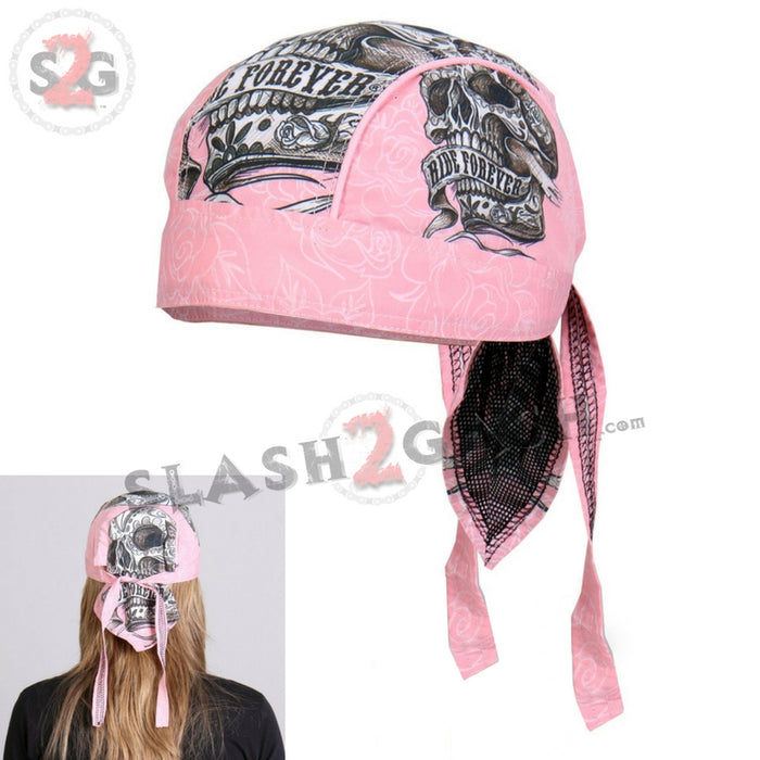 Hot Leathers Banner Skull Headwrap Pink Ride Forever Premium Du-Rag Doo Rag Cap