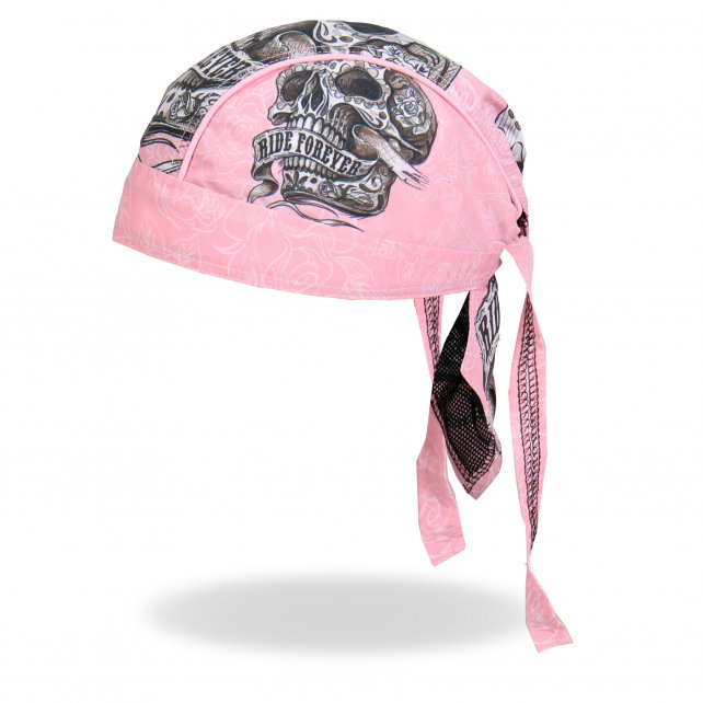 Hot Leathers Banner Skull Headwrap Pink Ride Forever Premium Du-Rag Doo Rag Cap