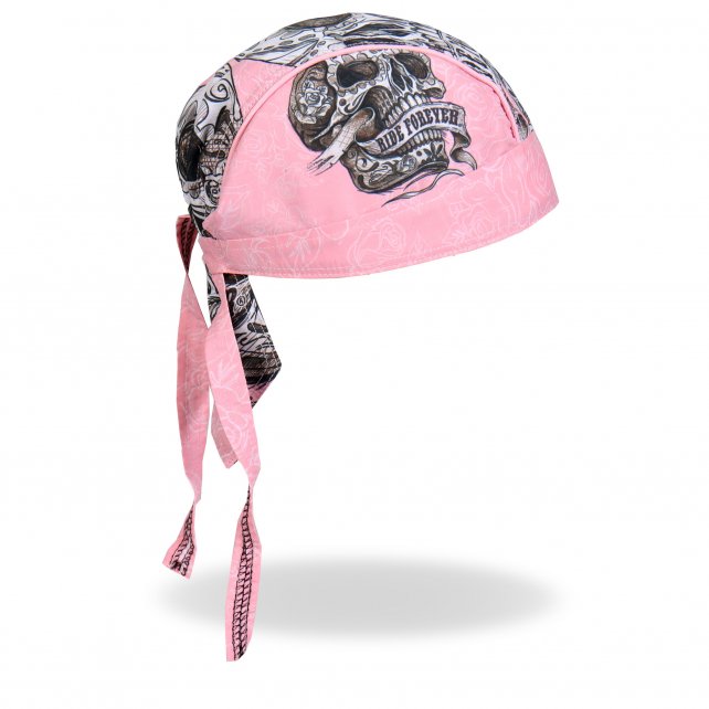Hot Leathers Banner Skull Headwrap Pink Ride Forever Premium Du-Rag Doo Rag Cap