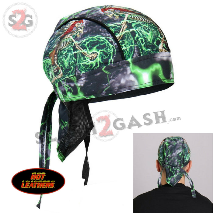 Hot Leathers Skeleton Cycle Premium Headwrap Indian Green Biker Du-Rag Doo Rag Cap