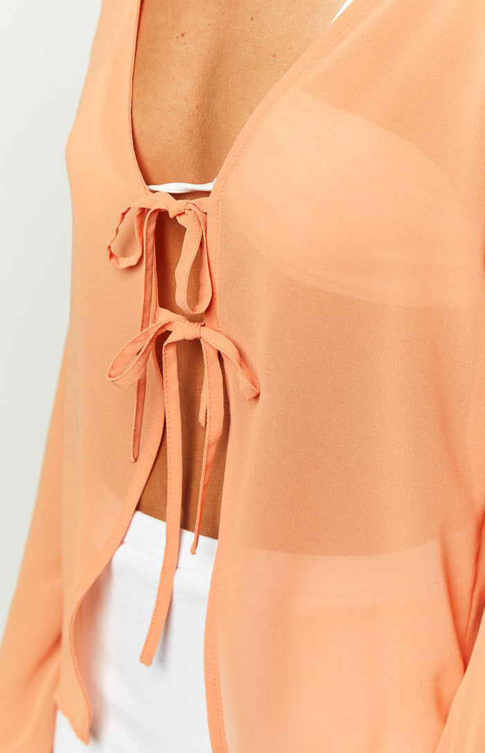 Close-up of the multiple ties forming bows at the front V-neckline of the sheer orange chiffon long sleeve top