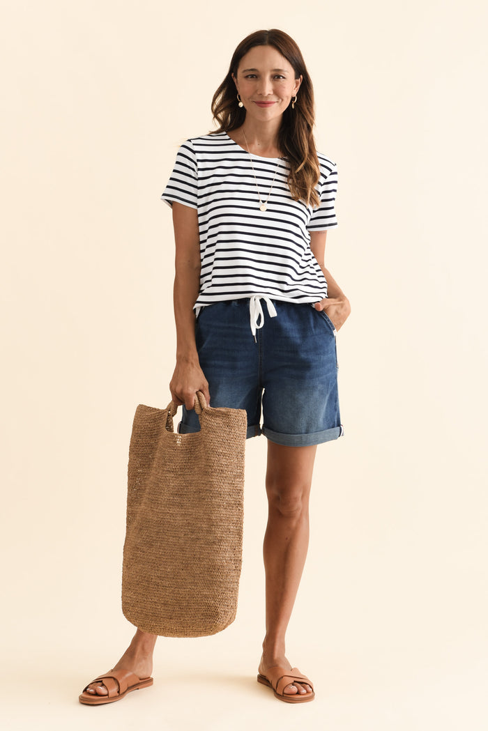 Hugo Blue Denim Drawstring Shorts,Brunette model,alt text|model:Cara