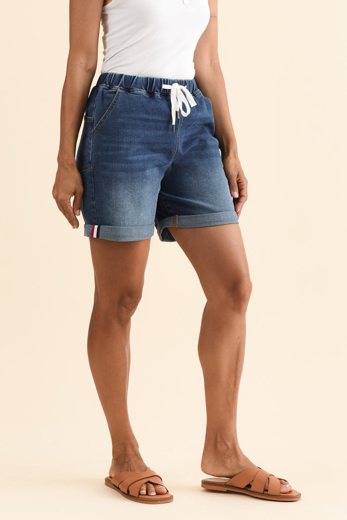 Hugo Blue Denim Drawstring Shorts,Brunette model,alt text|model:Cara