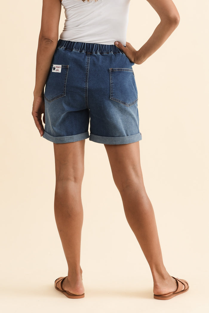 Hugo Blue Denim Drawstring Shorts,Brunette model,alt text|model:Cara