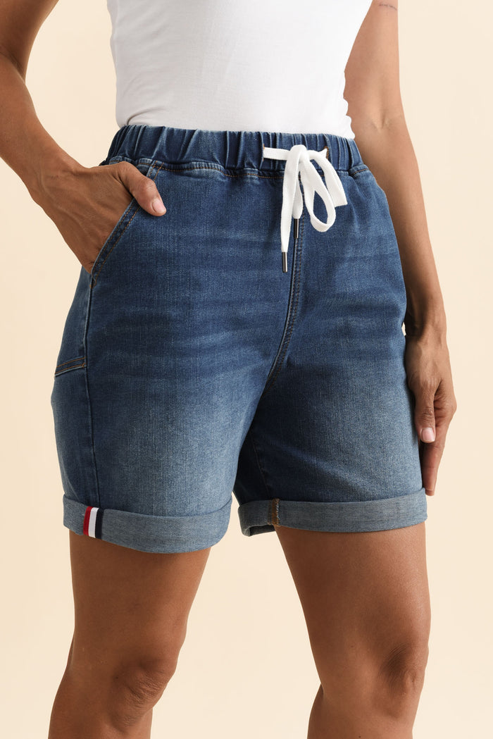 Hugo Blue Denim Drawstring Shorts,Brunette model,alt text|model:Cara