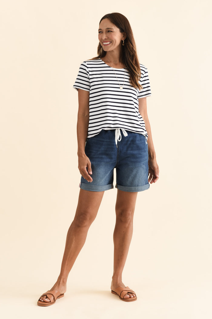 Hugo Blue Denim Drawstring Shorts,Brunette model,alt text|model:Cara
