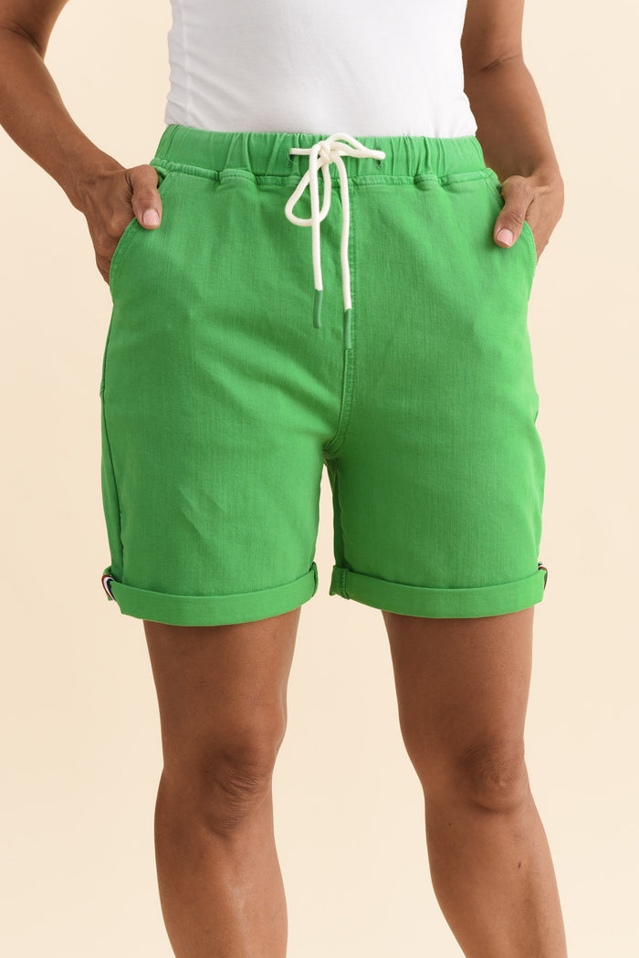Hugo Green Denim Drawstring Shorts,Brunette model,alt text|model:Cara