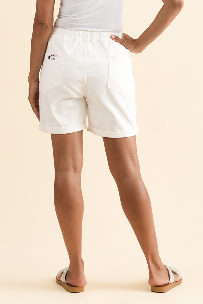 Hugo White Denim Drawstring Shorts,Brunette model,alt text|model:Cara