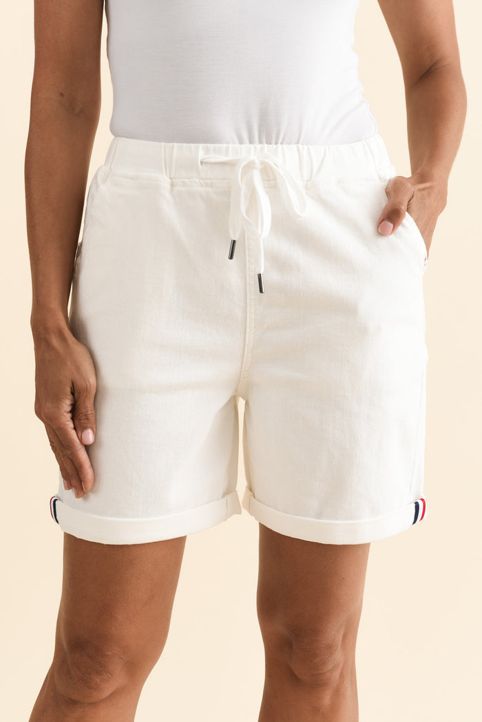 Hugo White Denim Drawstring Shorts,Brunette model,alt text|model:Cara