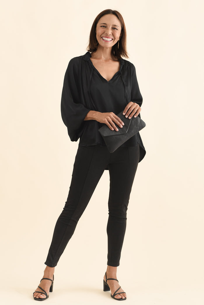 Isaac Black Silk Ruched Top,Brunette model,alt text|model:Cara