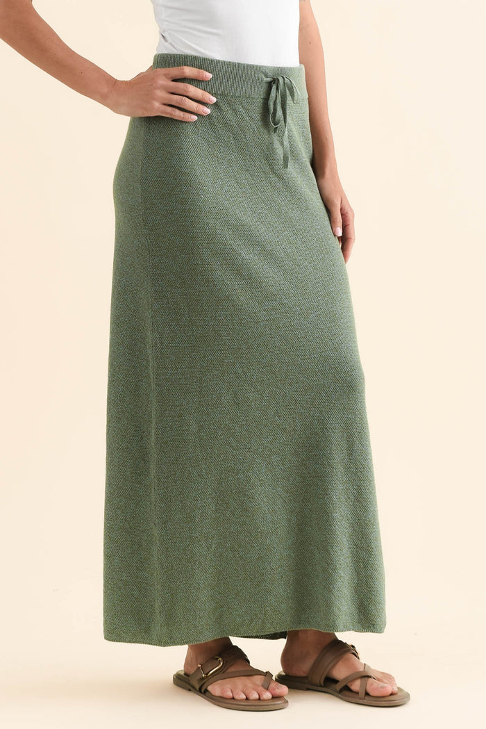 Hyatt Green Cotton Skirt,Side,Brunette model,alt text|model:Brontie