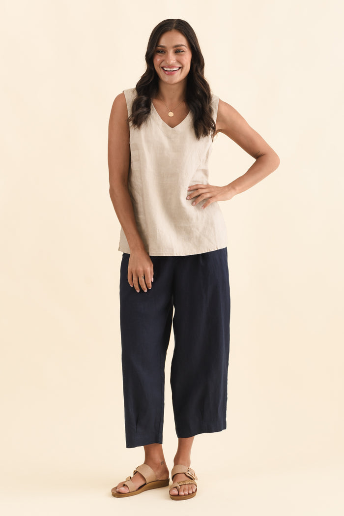 Inez Beige Linen Tank,Brunette model,alt text|model:Brontie