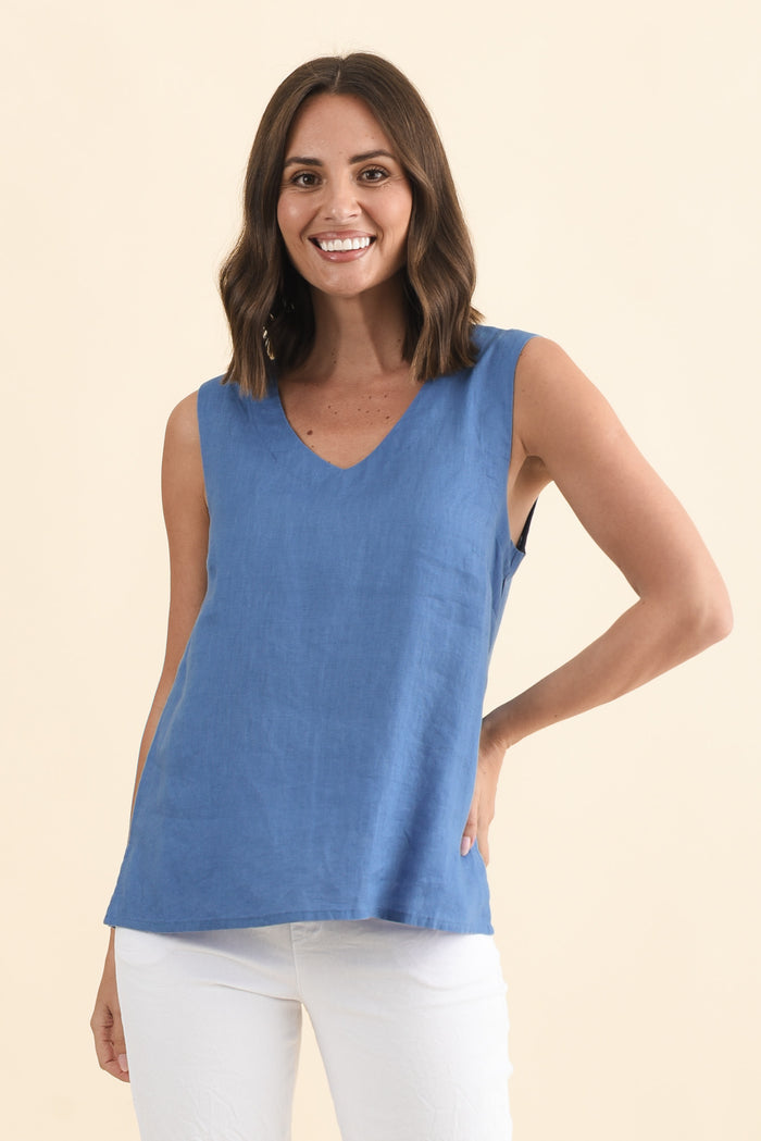 Inez Blue Linen Tank,Brunette model,alt text|model:MJ