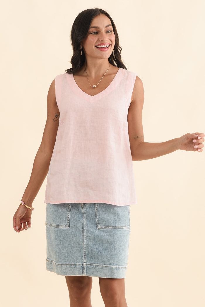Inez Blush Linen Tank,Brunette model,alt text|model:Brontie
