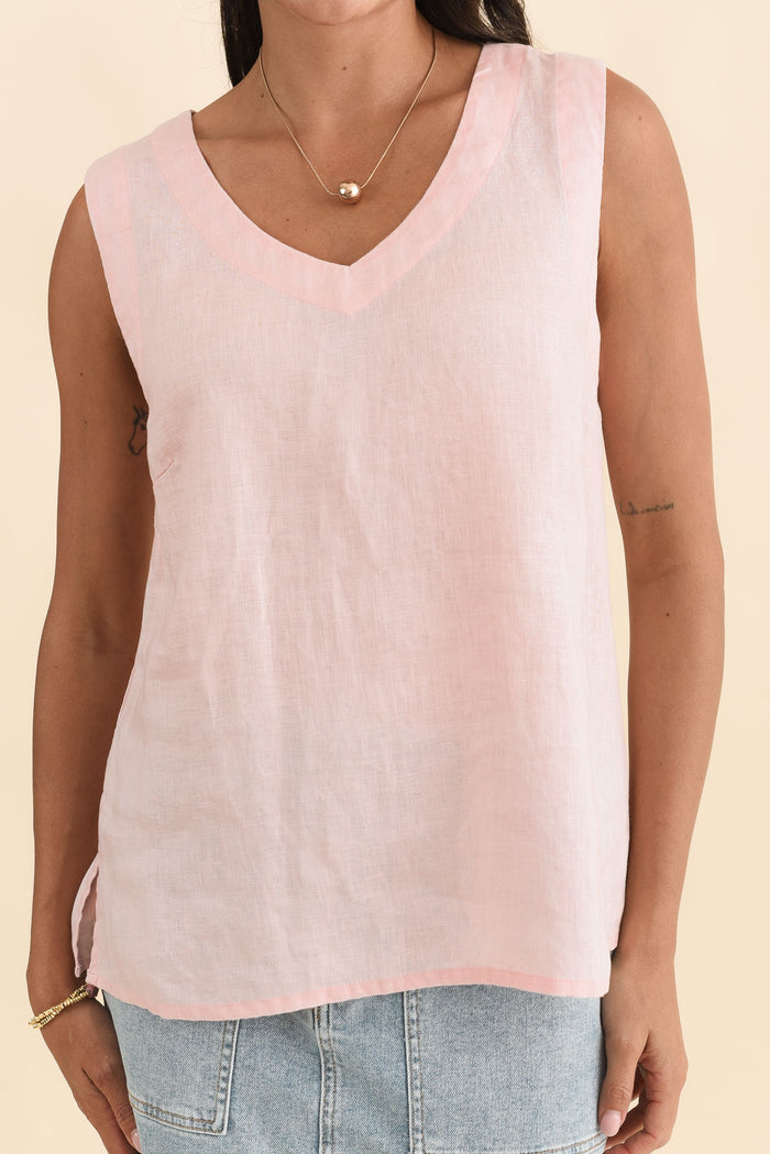 Inez Blush Linen Tank,Brunette model,alt text|model:Brontie
