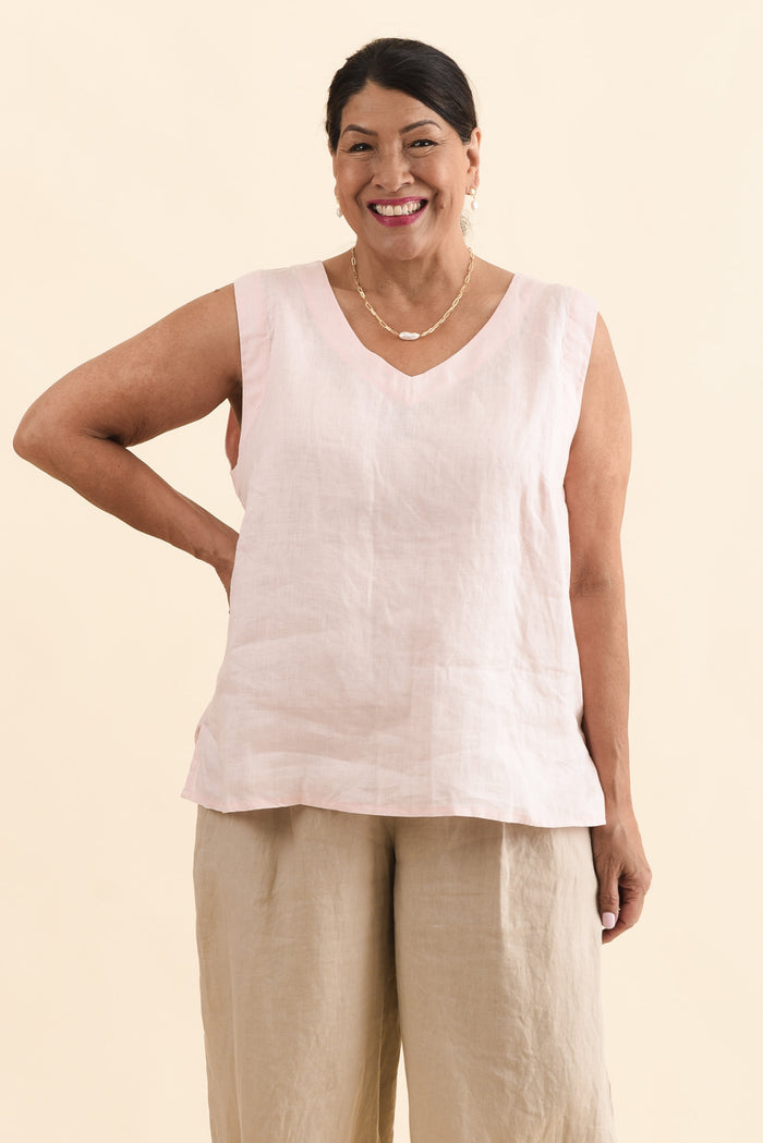 Inez Blush Linen Tank,Front,Brunette model,alt text|model:Pilita