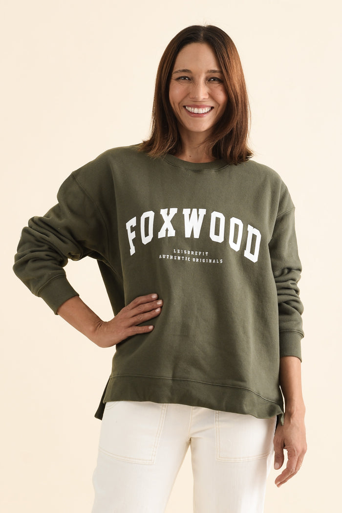 Interval Khaki Crewneck Sweatshirt,brunette model,Front of Outfit,alt text|model:Cara