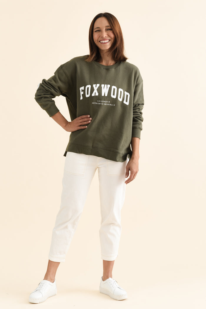 Interval Khaki Crewneck Sweatshirt,brunette model,Full Outfit,alt text|model:Cara
