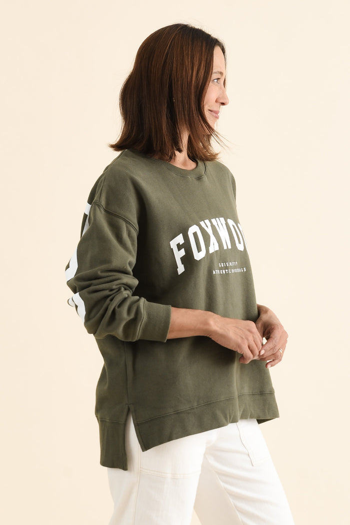 Interval Khaki Crewneck Sweatshirt,brunette model,Side of Outfit,alt text|model:Cara