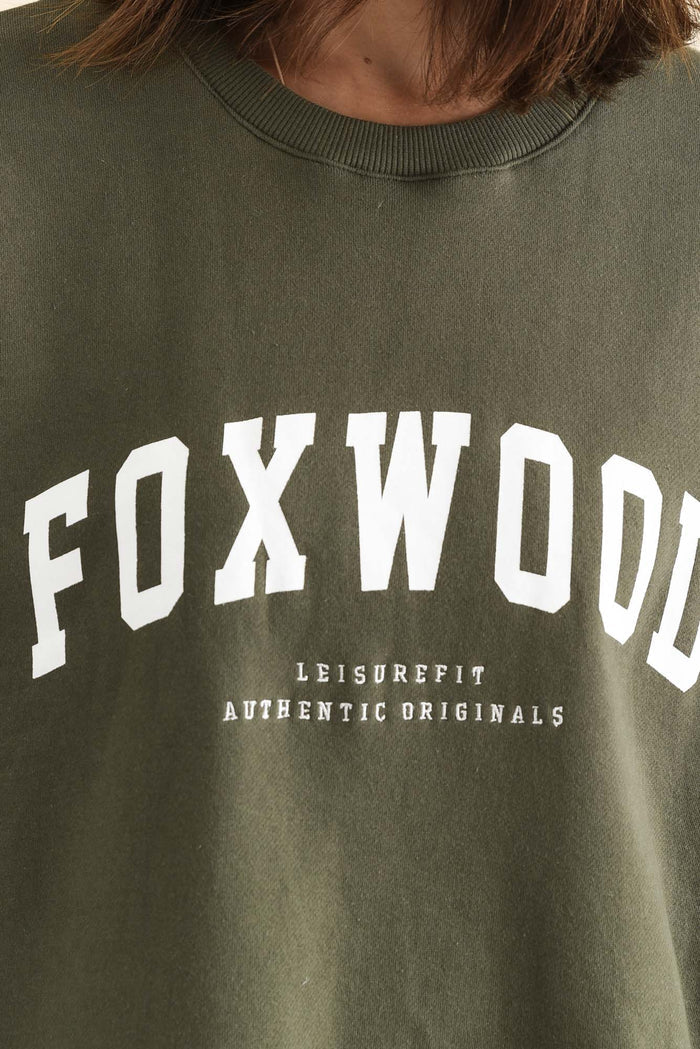 Interval Khaki Crewneck Sweatshirt,brunette model,Close up of outfit,alt text|model:Cara