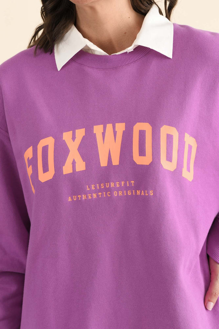 Interval Purple Crewneck Sweatshirt,brunette model,Close up of outfit,alt text|model:MJ
