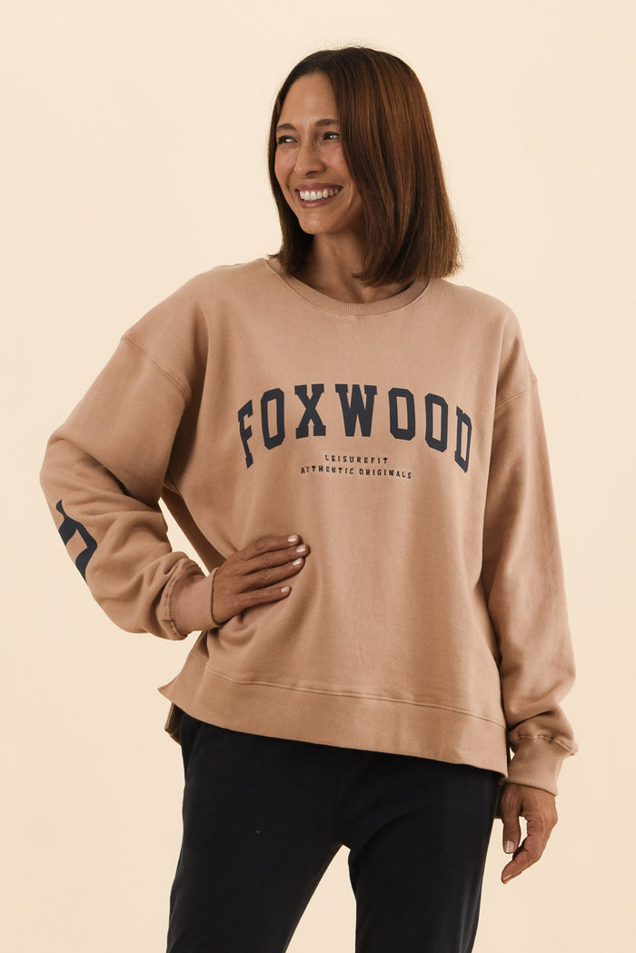 Interval Tan Crewneck Sweatshirt,Front,Brunette model,alt text|model:Cara