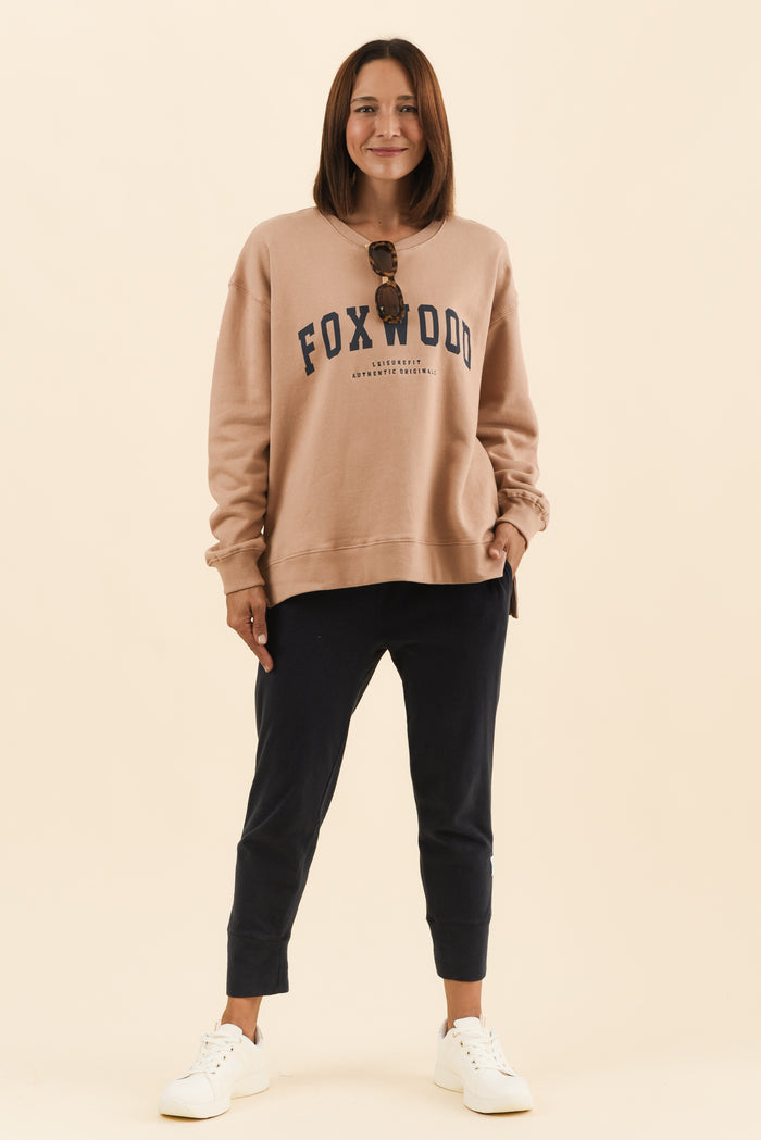Interval Tan Crewneck Sweatshirt,Full Body,Brunette model,alt text|model:Cara