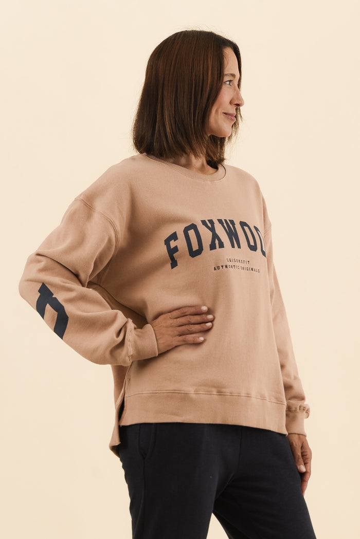 Interval Tan Crewneck Sweatshirt,Side,Brunette model,alt text|model:Cara