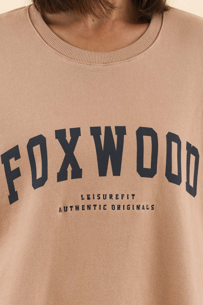 Interval Tan Crewneck Sweatshirt,Detail,Brunette model,alt text|model:Cara