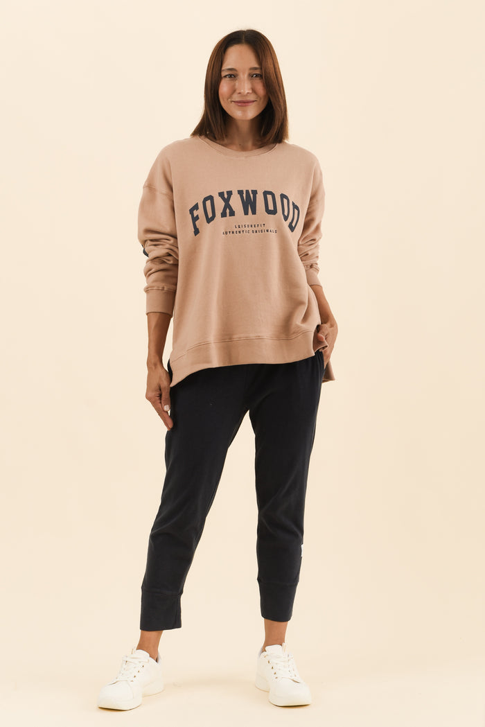 Interval Tan Crewneck Sweatshirt,Full Body,Brunette model,alt text|model:Cara
