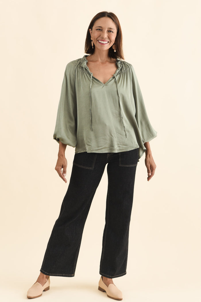 Isaac Khaki Silk Ruched Top,Brunette model,alt text|model:Cara