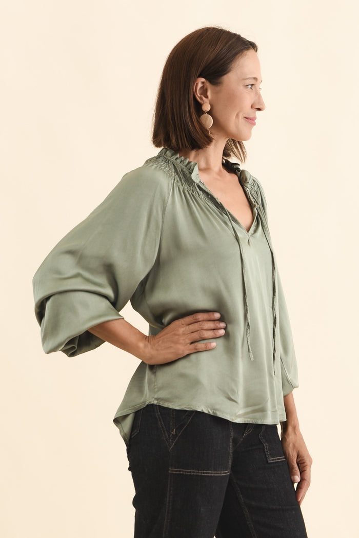 Isaac Khaki Silk Ruched Top,Brunette model,alt text|model:Cara