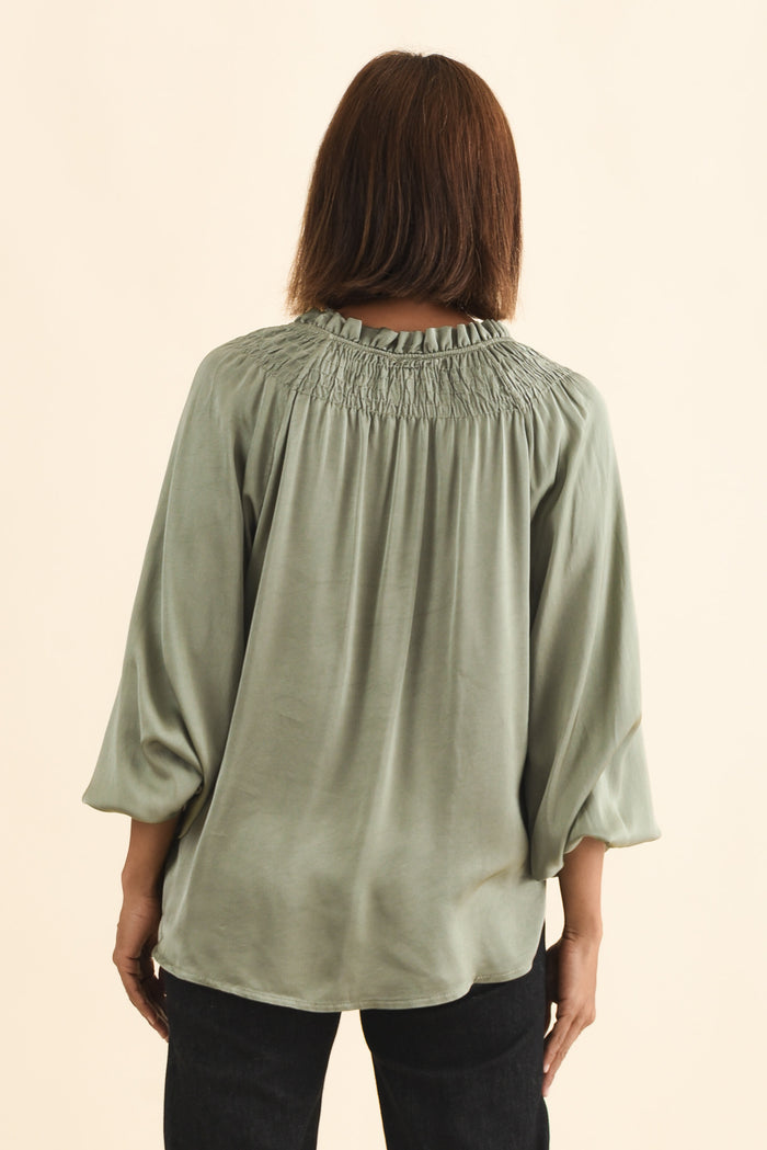 Isaac Khaki Silk Ruched Top,Brunette model,alt text|model:Cara