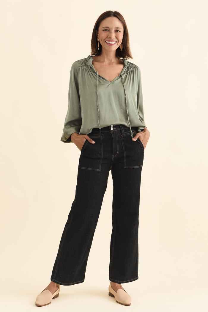 Isaac Khaki Silk Ruched Top,Brunette model,alt text|model:Cara